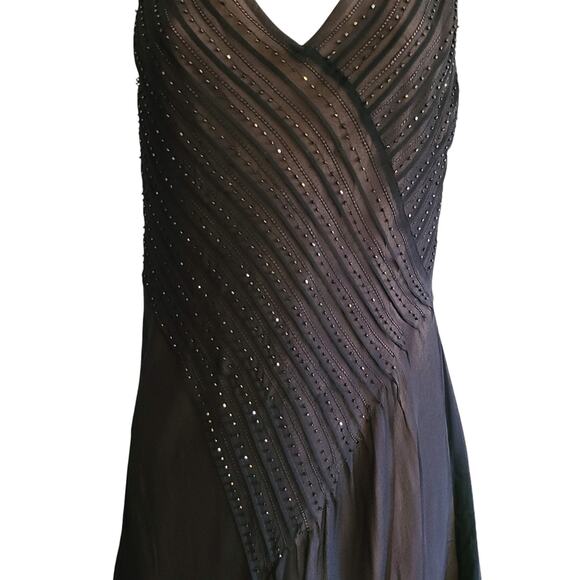 ADRIANNA PAPELL 100% Silk Beaded Midi Dress Asymmetric Hem Retro Style Women's 6 - Picture 2 of 13